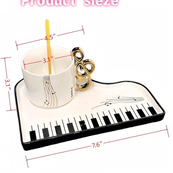 NWOT piano music novelty ceramic mugs with "saucers" and spoons, set of 2 - Picture 6 of 7